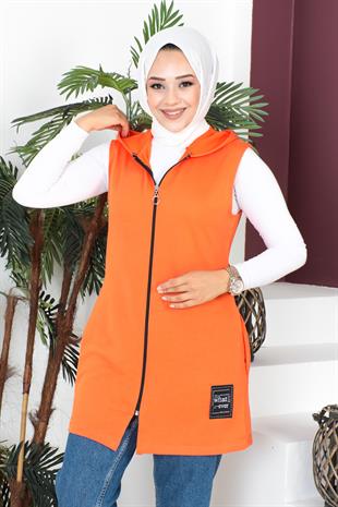 Fermuarlı Arma Detaylı Spor Yelek-Oranj