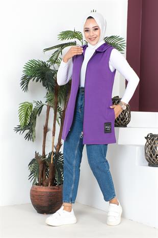 Fermuarlı Arma Detaylı Spor Yelek-Mor