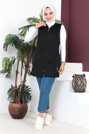 Fermuarlı Arma Detaylı Spor Yelek-Siyah