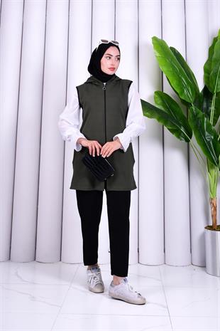 Biye Detaylı Fermuarlı Yelek Haki