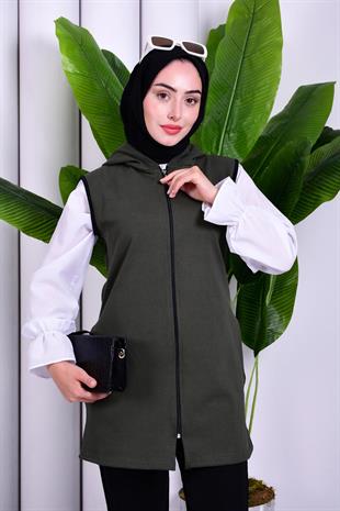 Biye Detaylı Fermuarlı Yelek Haki