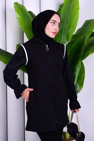 Biye Detaylı Fermuarlı Yelek Siyah