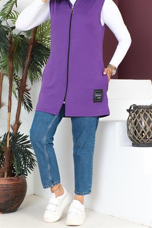 Fermuarlı Arma Detaylı Spor Yelek-Mor