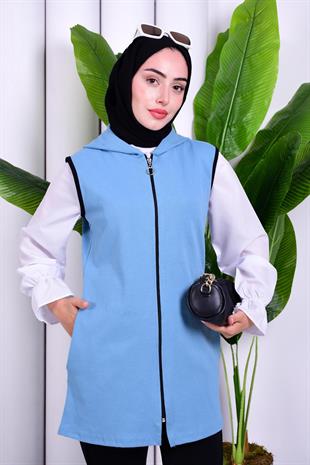 Biye Detaylı Fermuarlı Yelek Mavi