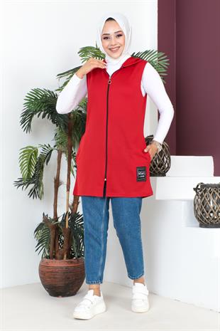 Fermuarlı Arma Detaylı Spor Yelek-Kırmızı