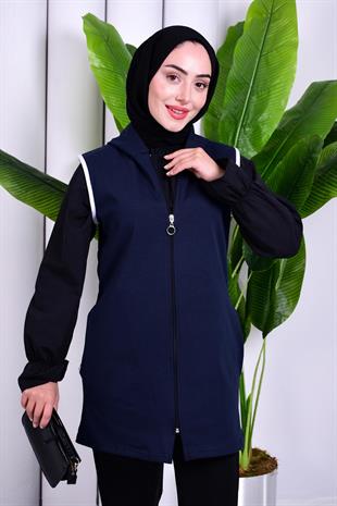 Biye Detaylı Fermuarlı Yelek Lacivert