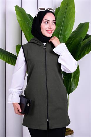 Biye Detaylı Fermuarlı Yelek Haki