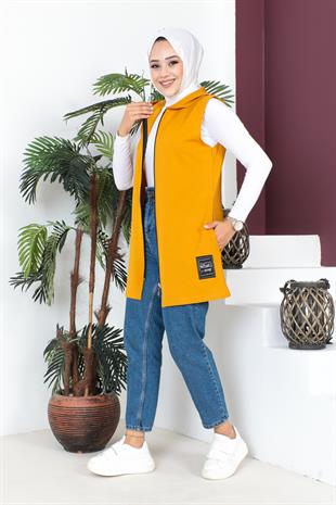 Fermuarlı Arma Detaylı Spor Yelek-Safran