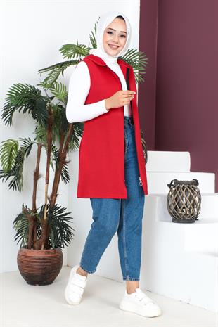 Fermuarlı Arma Detaylı Spor Yelek-Kırmızı