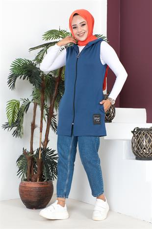 Fermuarlı Arma Detaylı Spor Yelek-İndigo