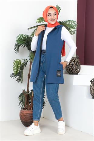 Fermuarlı Arma Detaylı Spor Yelek-İndigo