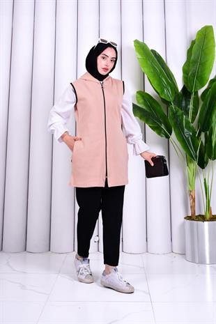 Biye Detaylı Fermuarlı Yelek Vizon