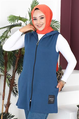 Fermuarlı Arma Detaylı Spor Yelek-İndigo