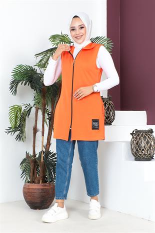 Fermuarlı Arma Detaylı Spor Yelek-Oranj
