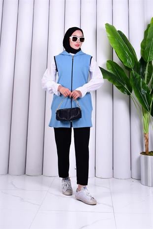Biye Detaylı Fermuarlı Yelek Mavi