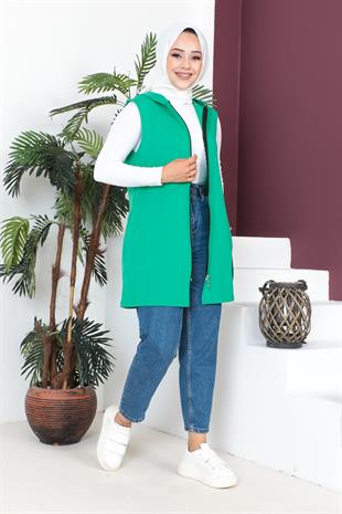 Fermuarlı Arma Detaylı Spor Yelek-Benetton Yeşili