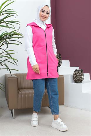 Fermuarlı Arma Detaylı Spor Yelek-Fuşya
