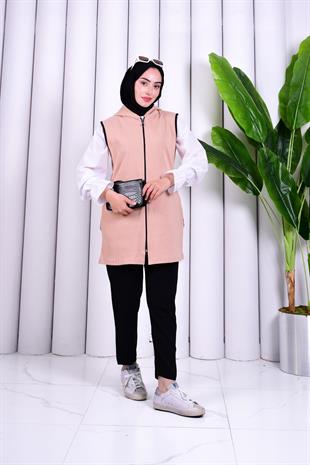 Biye Detaylı Fermuarlı Yelek Vizon