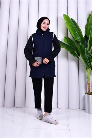 Biye Detaylı Fermuarlı Yelek Lacivert