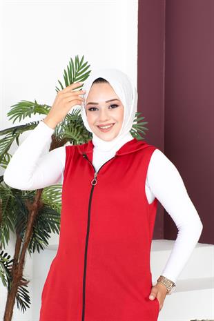 Fermuarlı Arma Detaylı Spor Yelek-Kırmızı