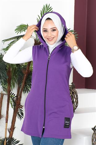 Fermuarlı Arma Detaylı Spor Yelek-Mor