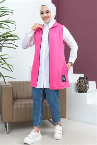 Fermuarlı Arma Detaylı Spor Yelek-Fuşya