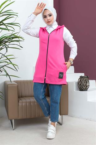 Fermuarlı Arma Detaylı Spor Yelek-Fuşya