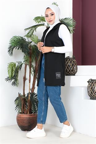 Fermuarlı Arma Detaylı Spor Yelek-Siyah