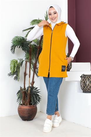 Fermuarlı Arma Detaylı Spor Yelek-Safran