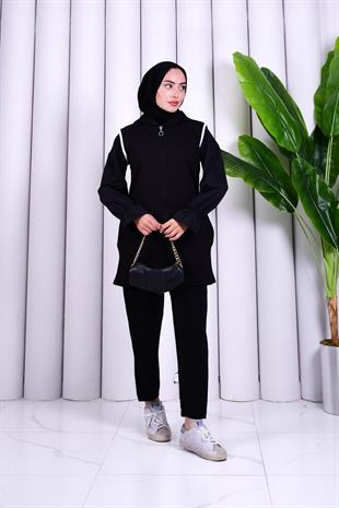 Biye Detaylı Fermuarlı Yelek Siyah