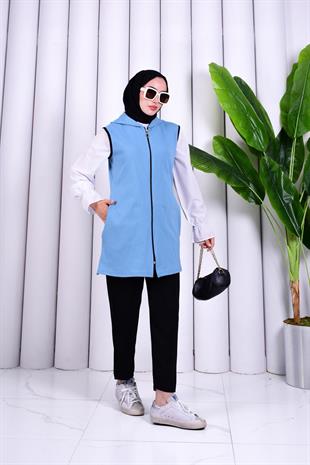 Biye Detaylı Fermuarlı Yelek Mavi