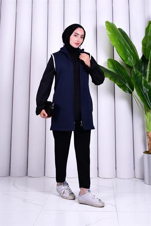 Biye Detaylı Fermuarlı Yelek Lacivert