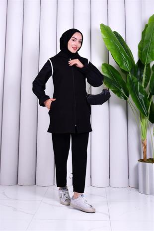 Biye Detaylı Fermuarlı Yelek Siyah