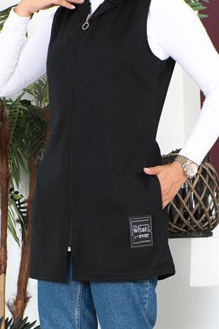 Fermuarlı Arma Detaylı Spor Yelek-Siyah