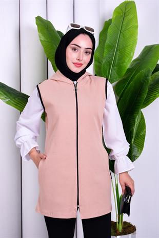 Biye Detaylı Fermuarlı Yelek Vizon