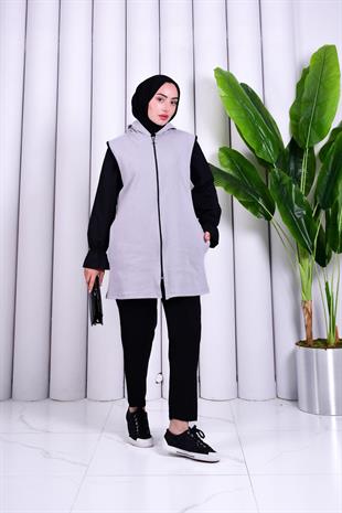 Biye Detaylı Fermuarlı Yelek Gri