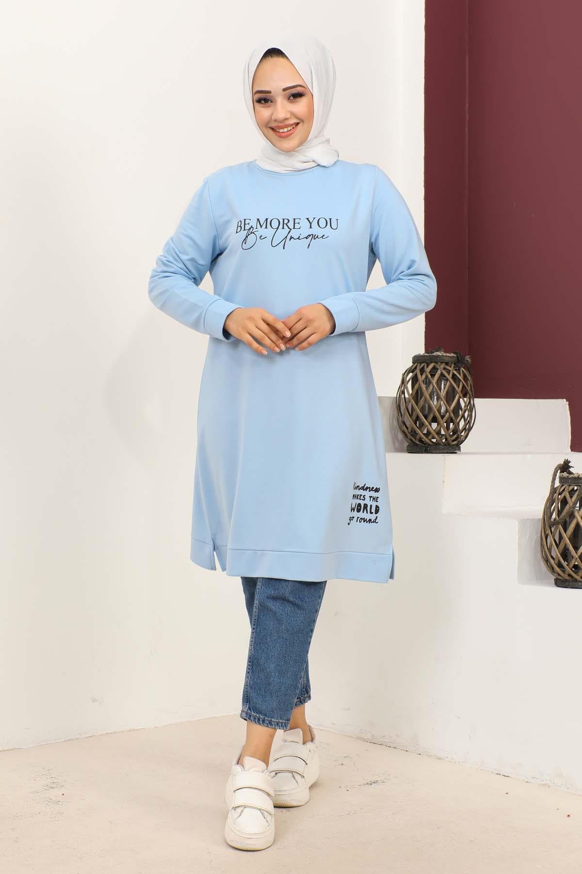 Baskılı Tesettür Tunik Mavi