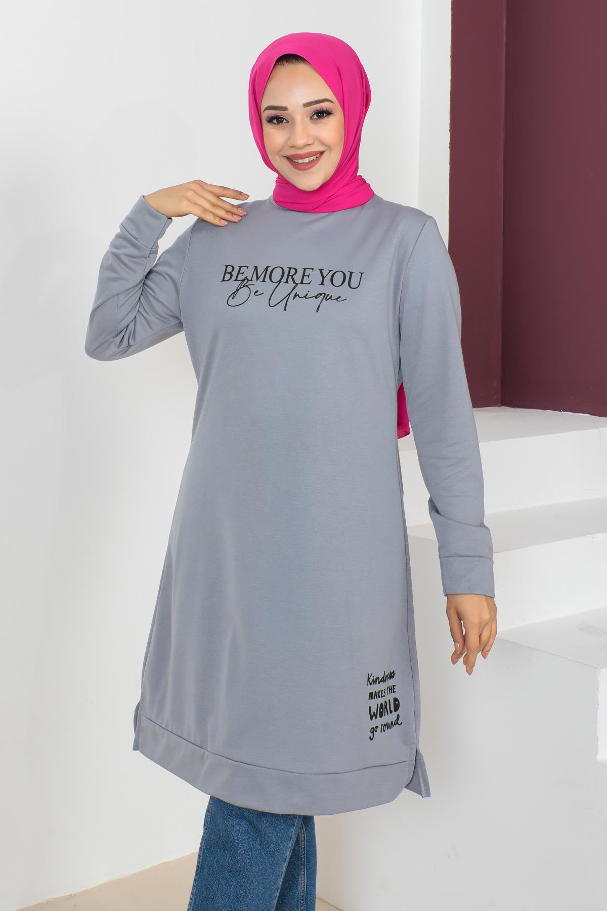 Affan Moda | Baskılı Tesettür Tunik Gri- Modern Tesettür Giyim