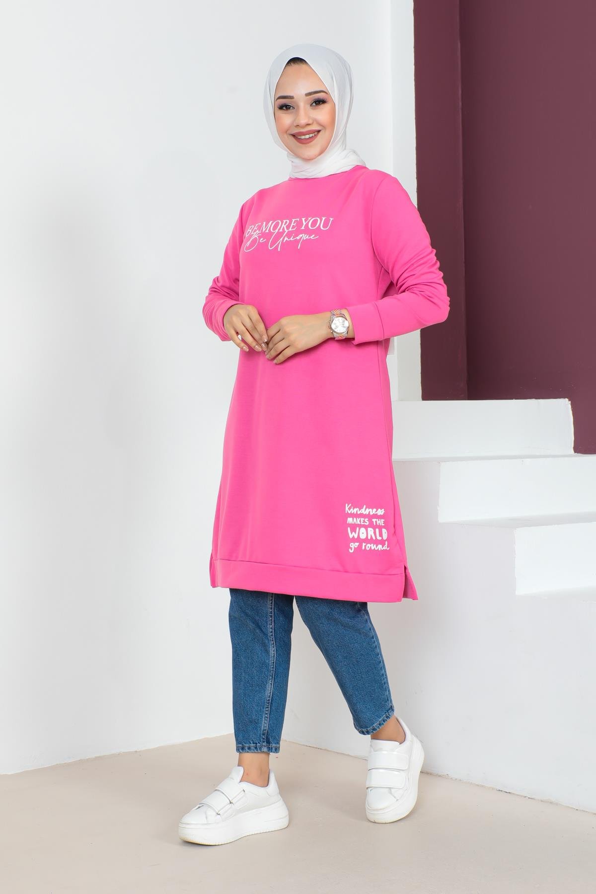 Affan Moda | Baskılı Tesettür Tunik Fuşya- Modern Tesettür Giyim