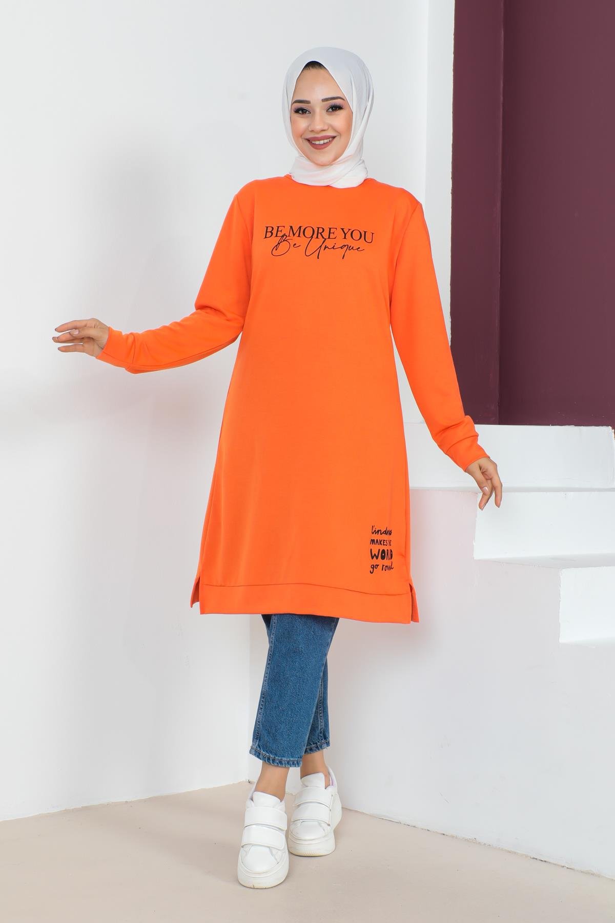 Affan Moda | Baskılı Tesettür Tunik Oranj - Modern Tesettür Giyim