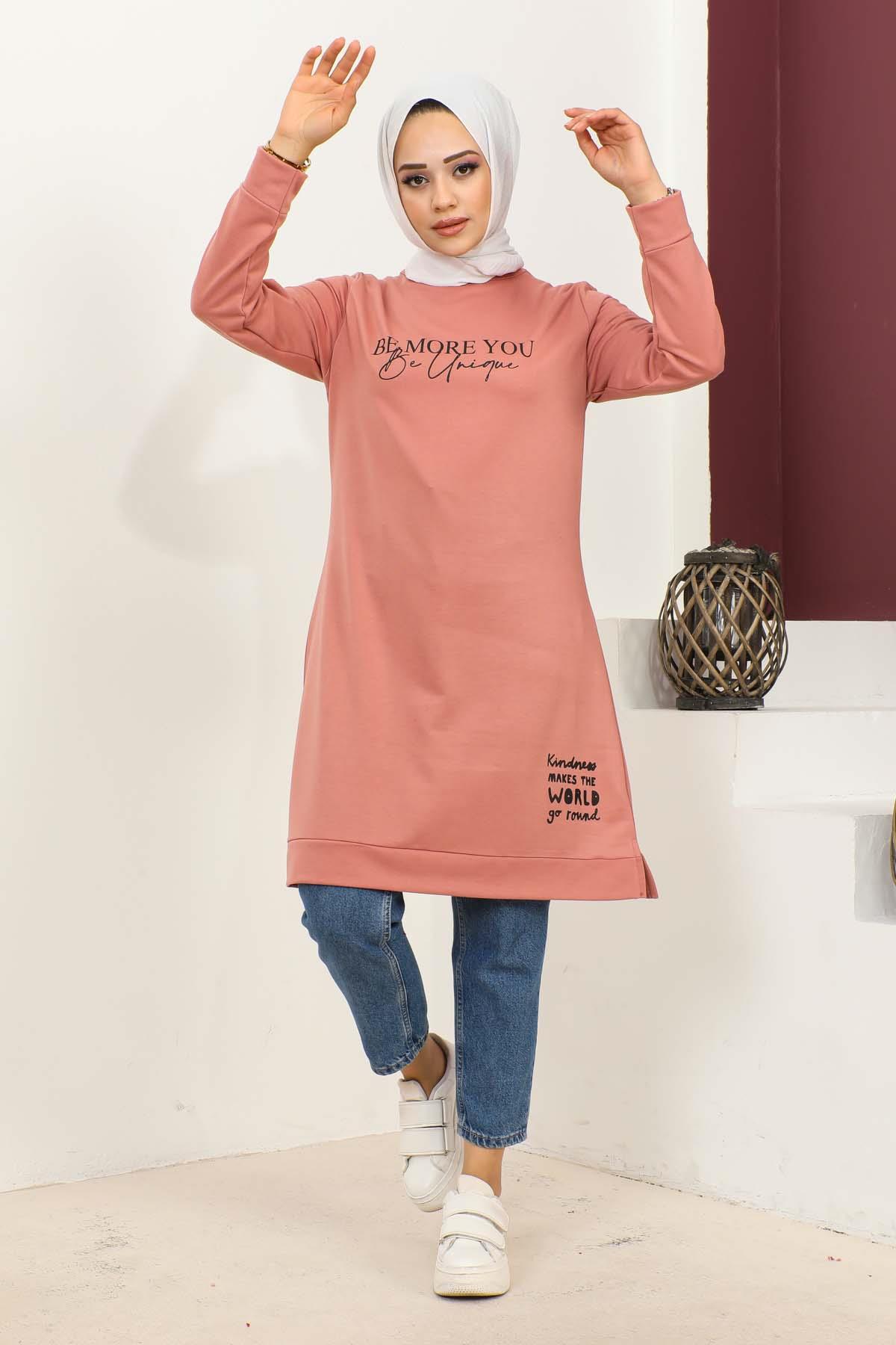 Baskılı Tesettür Tunik Gülkurusu