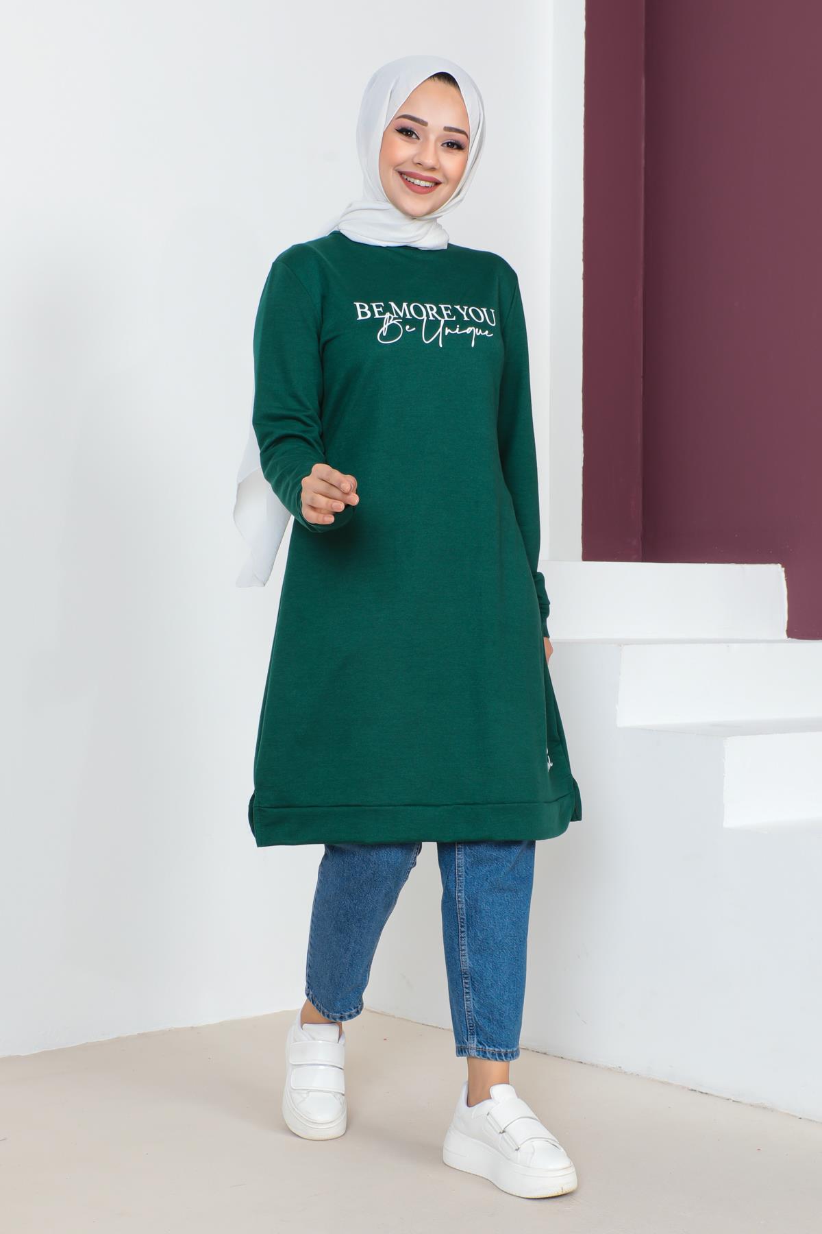 Affan Moda | Baskılı Zümrüt Tesettür Tunik i- Modern Tesettür Giyim