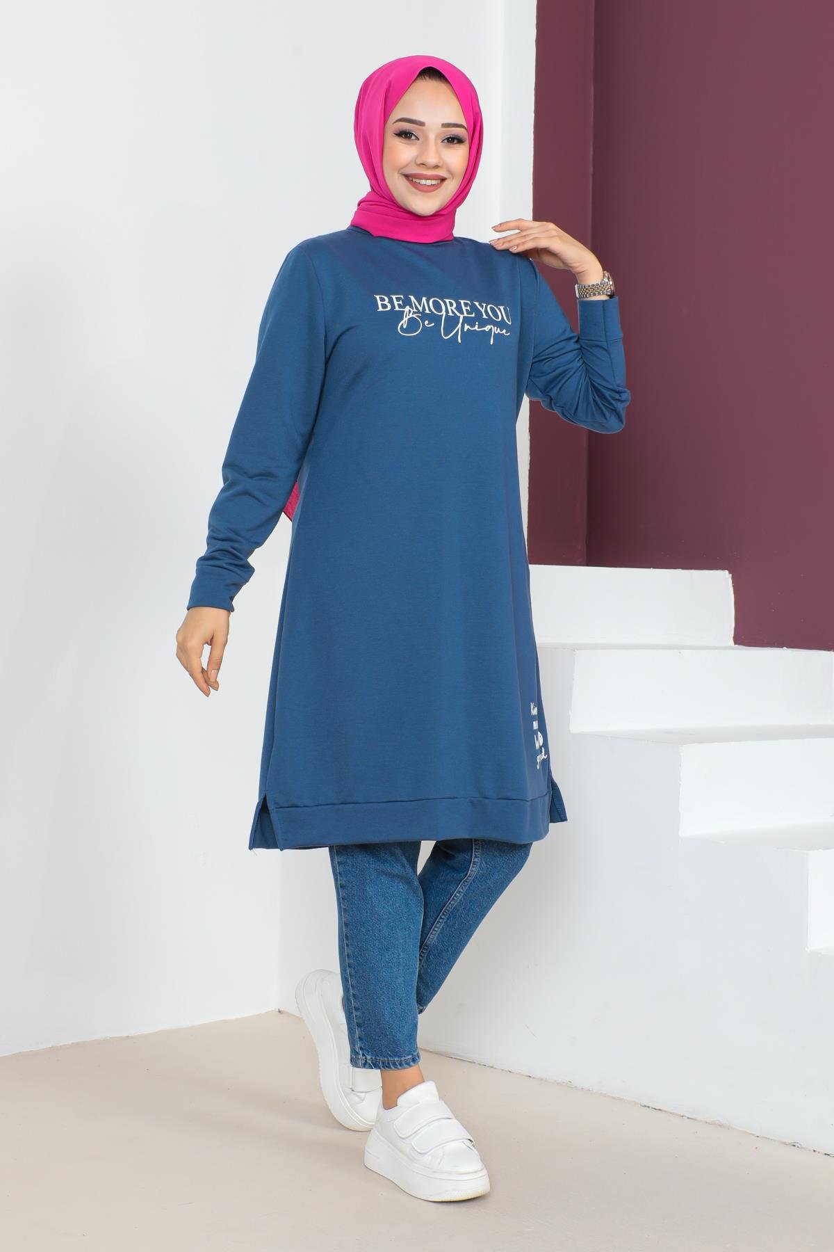 Affan Moda | Baskılı İndigo Tesettür Tunik i- Modern Tesettür Giyim