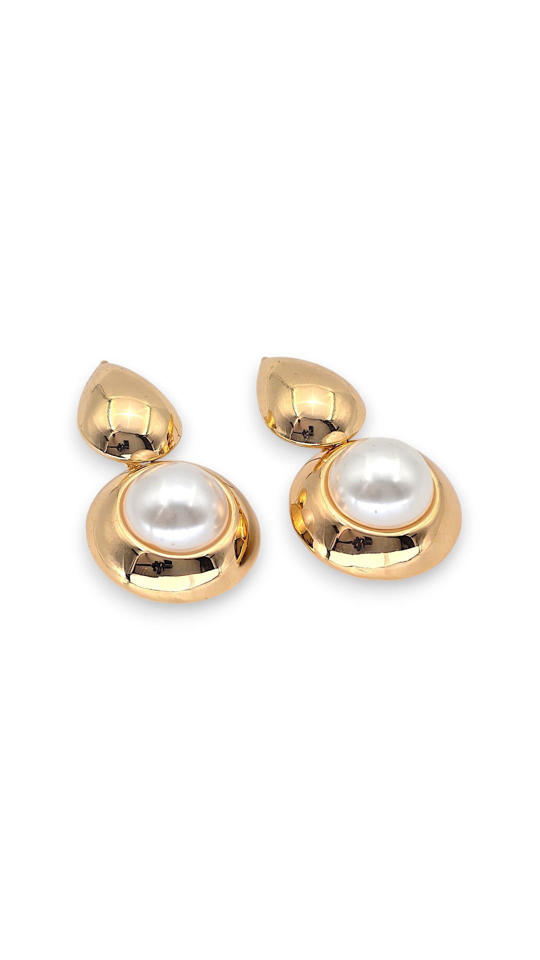 Ortası İnci Yuvarlak&Damla Detay Gold Küpe 5cm 