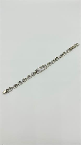 dikdörtgen ortası taş plaka bileklik silver