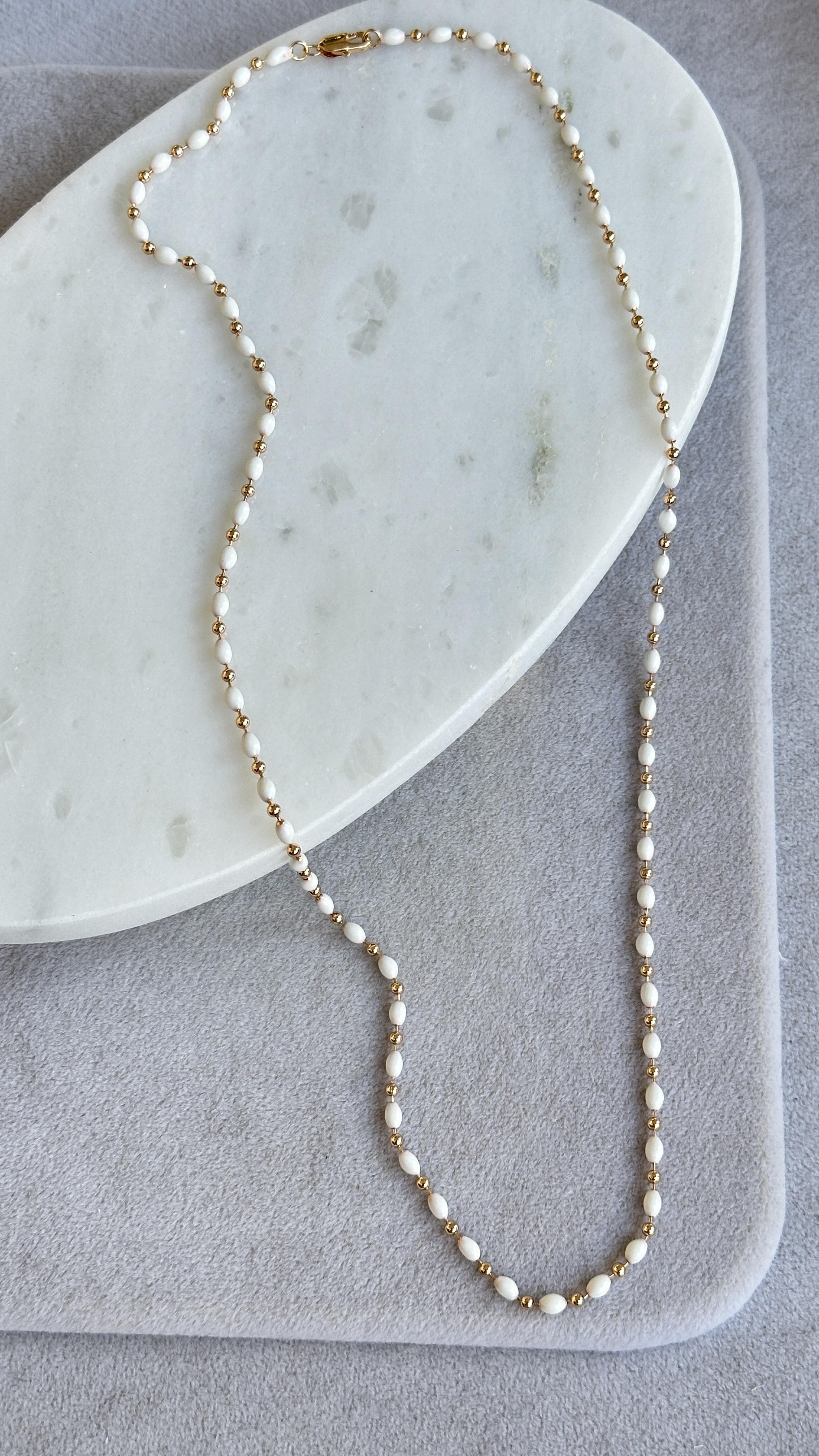 Beyaz Gold Boncuk Kolye 60cm