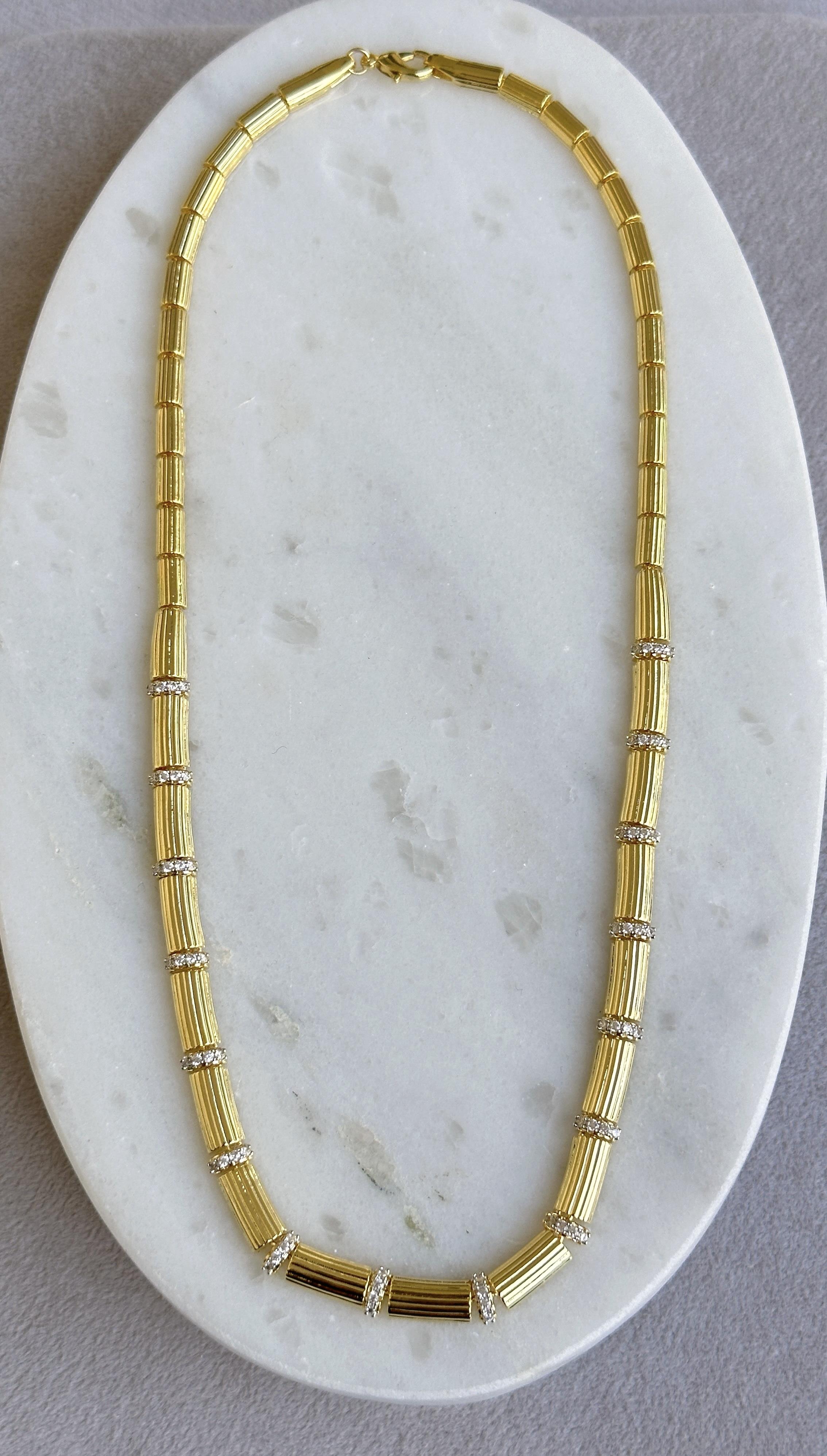 Gold Şerit Plaka Taşlı Kolye 50cm