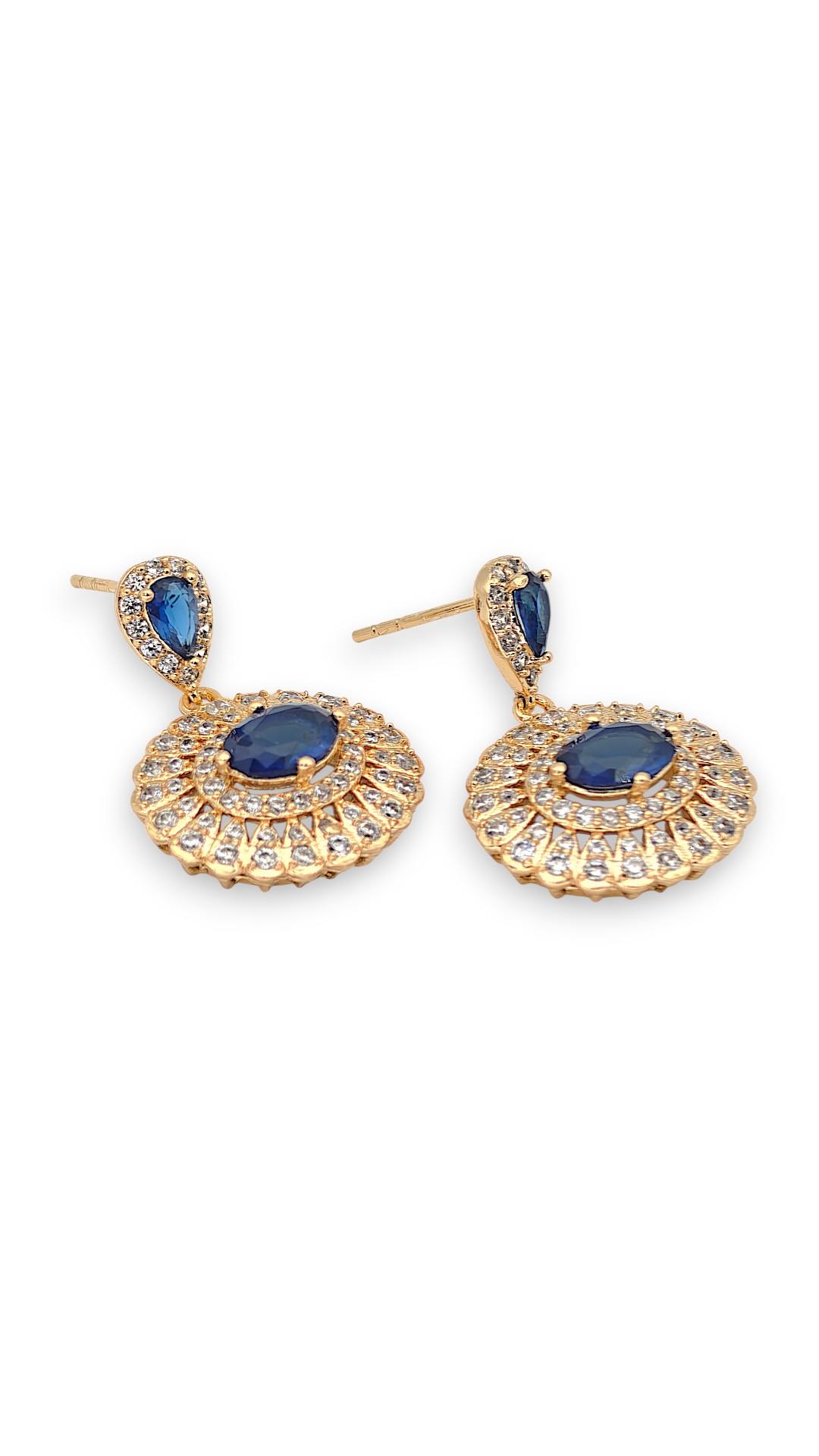 Gömme Taşlı Lacivert Zirkon Taş Model Gold Küpe 2cm