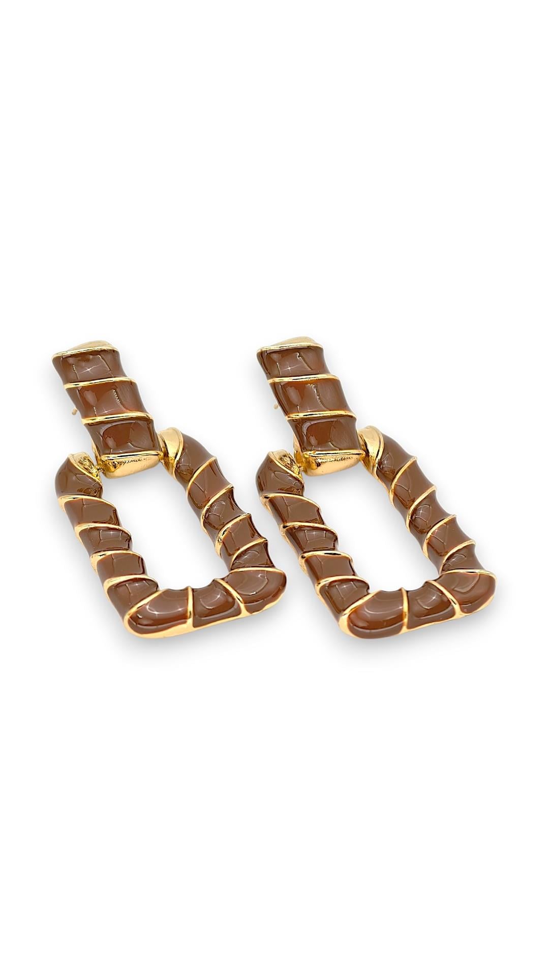 Kahve Gold Dikdörtgen Plaka Küpe 5cm