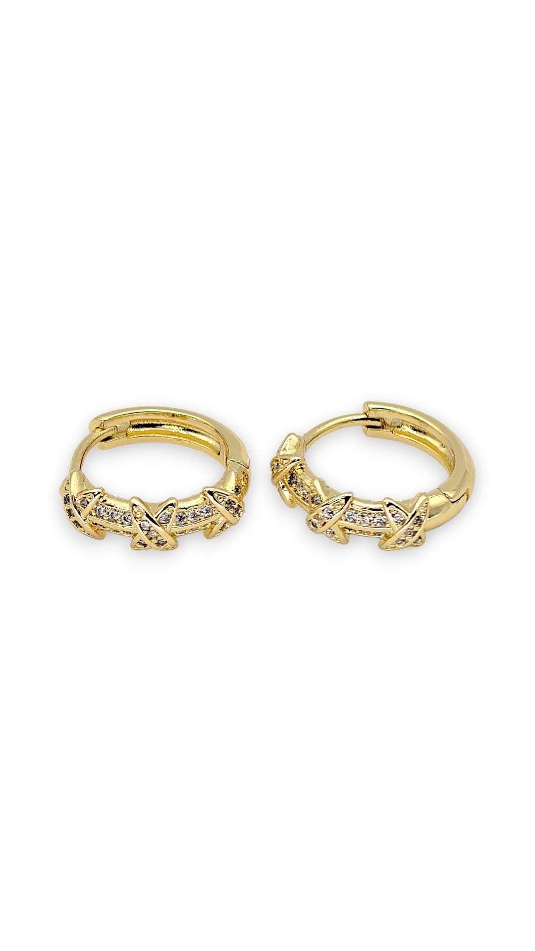 Taşlı Çarpı Halka Küpe 14K Gold 12mm